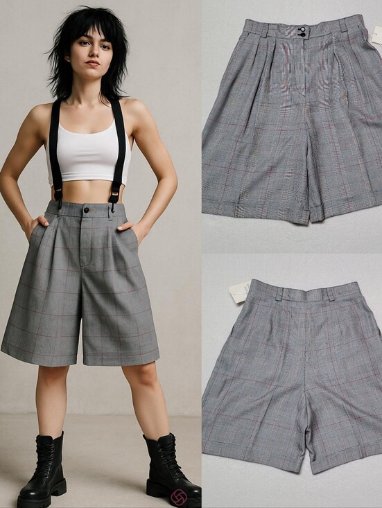 Vintage Pants - Punk Deadstock 80s Vintage Jones Wear Plaid High-Rise Pleated Culotte Shorts 12